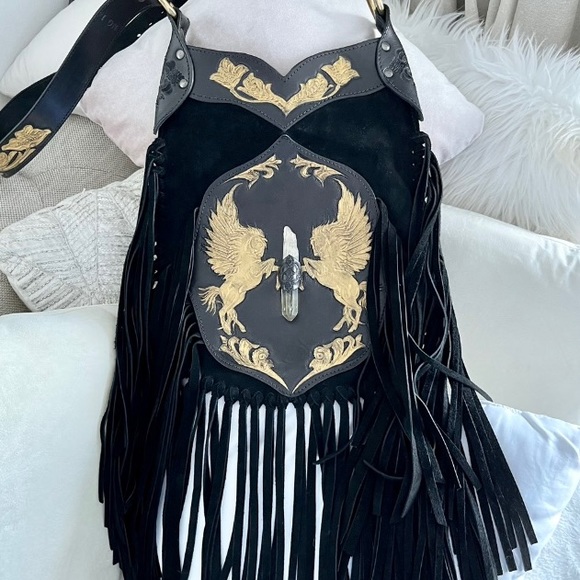 Buffalo Girl Versailles Apache Tasseled Black Leather Bag with Citrine Crystal - Picture 6 of 15